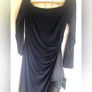 Ralph Lauren Navy Evening Gown, quarter sleeve, silk ruffle. Size 8. New w/tags.